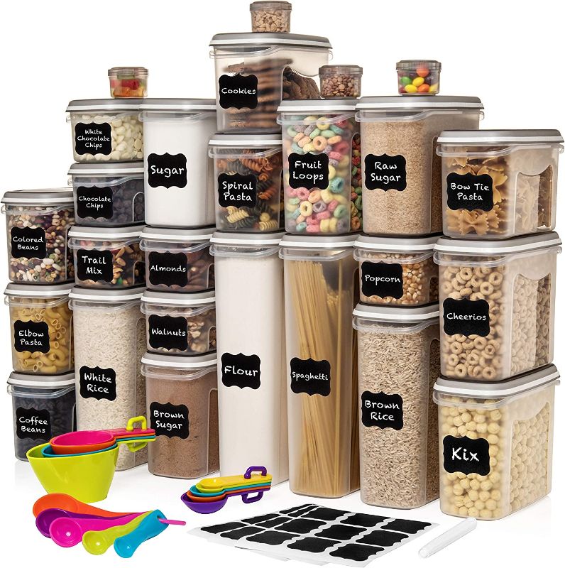 Photo 2 of **SEE NOTES** LARGEST Set of  Food Storage Containers Shazo Airtight Dry Food Space Saver w Interchangeable Lid, 14 Measuring Cups + Spoons, Labels + Marker - One Lid Fits All - Reusable

