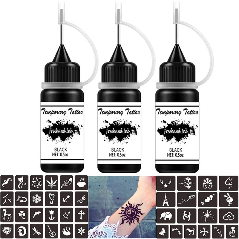 Photo 1 of Freehand Ink Temporary Tattoo Kit Jagua Gel Semi Permanent Tattoo 3 Bottles Black 1.5oz Temp Tattoos for Women Men Kids Body Art Markers 30 Pcs Free Stencils DIY Tattoos Fake Freckles Kits
