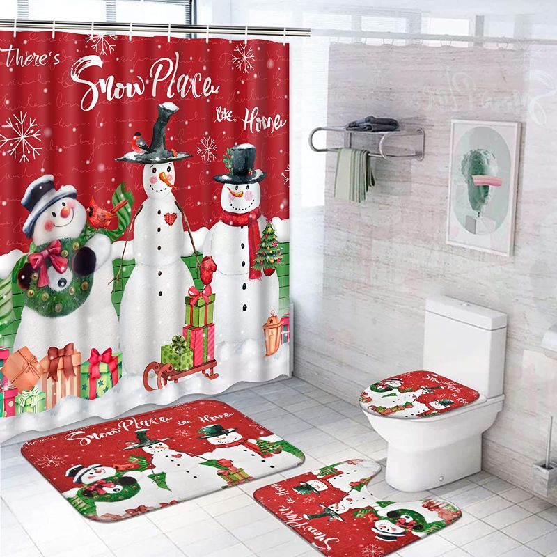 Photo 1 of 
Claswcalor 4 Pcs Christmas Shower Curtain Sets with Non-Slip Rugs, Toilet Lid Cover and Bath Mat, Winter Snowman Shower Curtains with 12 Hooks, Red Gift...