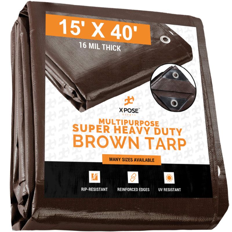 Photo 1 of 15' x 40' Super Heavy Duty 16 Mil Brown Poly Tarp Cover - Thick Waterproof, UV Resistant, Rip and Tear Proof Tarpaulin with Grommets and Reinforced Edges - by Xpose Safety