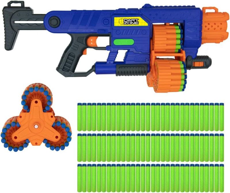 Photo 1 of DART ZONE Savage Spin Triple-Drum Motorized Blaster Commando Series, Blue and Orange
