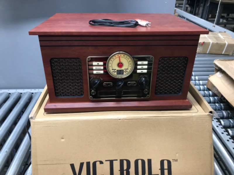 Photo 2 of Victrola Nostalgic 6-in-1 Bluetooth Record Player & Multimedia Center with Built-in Speakers - 3-Speed Turntable, CD & Cassette Player, FM Radio | Wireless Music Streaming | Mahogany Mahogany Entertainment Center