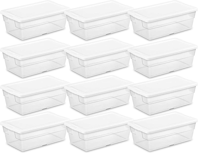 Photo 1 of 4 CONTAINERS CORNERS DAMGED****
Sterilite 6 Qt Clear Plastic Stackable Storage Bin w/White Latching Lid Organizing Solution, 12 Pack