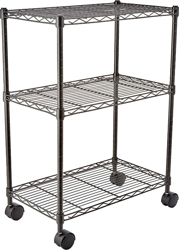 Photo 1 of Amazon Basics 3-Shelf Adjustable, Heavy Duty Storage Shelving Unit on 4'' Wheel Casters, Metal Organizer Wire Rack, Black (23.2L x 13.4W x 32.75H)
