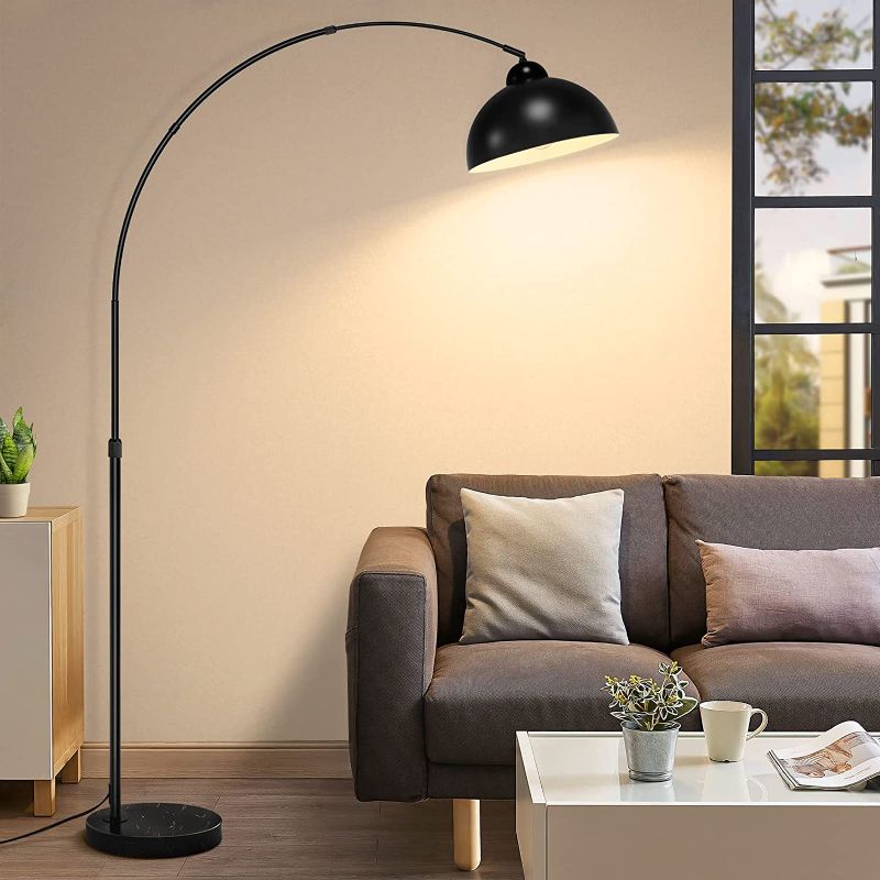 Photo 1 of Modern 73" Arc Floor Lamp with Metal Hanging Dome Shade, Industrial Adjustable Over the Couch Stand Up Light, Marble Base Farmhouse Tall Task/Reading Standing Lamp for Living Room Bedroom Office Black

