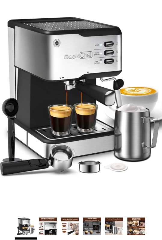 Photo 1 of Geek Chef Espresso Machine, Espresso and Cappuccino latte Maker 20 Bar Pump Coffee Machine Compatible with ESE POD capsules filter&Milk Frother Steam Wand, for Home Barista, 950W, 1.5L Water Tank