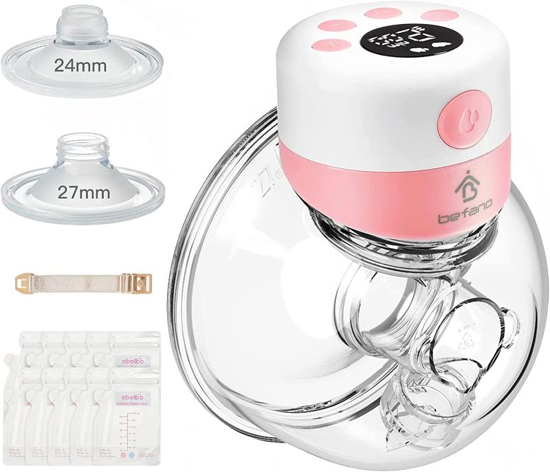 Photo 1 of Befano Hands Free Breast Pump with 24mm and 27mm Flanges, S12 Electric Wearable Breast Pump with 2 Modes and 9 Levels for Breastfeeding, Silent Wireless Portable Single Breastpump - Pink
