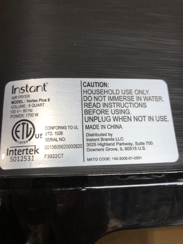 Photo 4 of ****Tested, Poweres On*****
Instant Vortex Plus Air Fryer Oven, 6 Quart, From the Makers of Instant Pot, 6-in-1, Broil, Roast, Dehydrate, Bake, Non-stick and Dishwasher-Safe Basket, App With Over 100 Recipes, Stainless Steel 6QT Vortex Plus