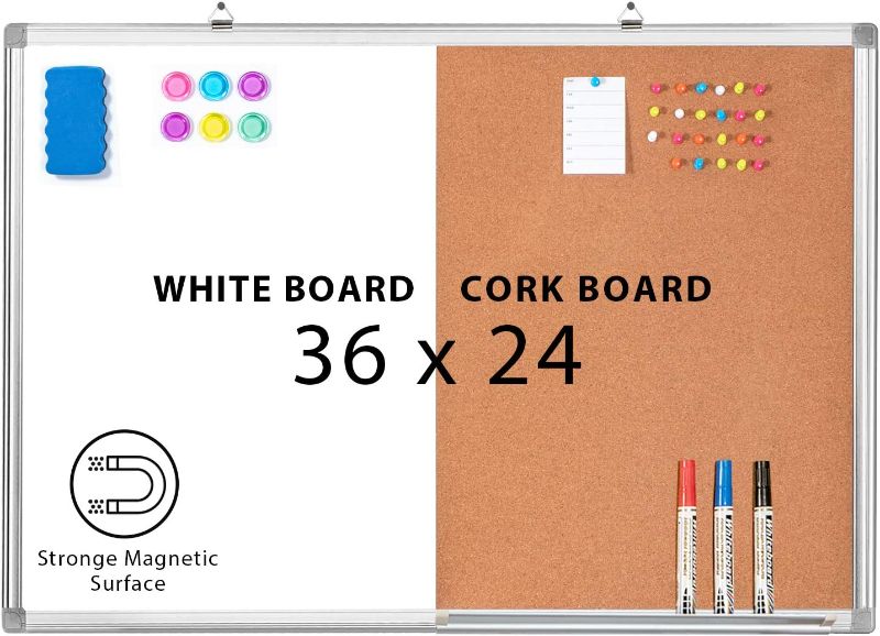 Photo 1 of Combination Whiteboard Bulletin Cork Board, Vision Board 2023, 36 x 24 Cork Board White Board Combo 3' x 2' Magnetic Dry