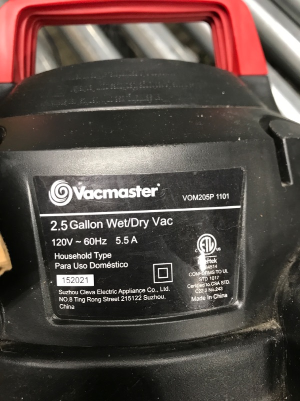 Photo 4 of ***NOT FUNCTIONING PARTS ONLY*** Vacmaster Red Edition VOM205P 1101 Portable Wet Dry Shop Vacuum 2.5 Gallon 2 Peak HP 1-1/4 inch Hose