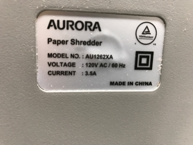 Photo 4 of -USED FOR PARTS-
Aurora AU1262XA Anti-Jam 12-Sheet Crosscut Paper and CD/Credit Card Shredder, White/Gray
