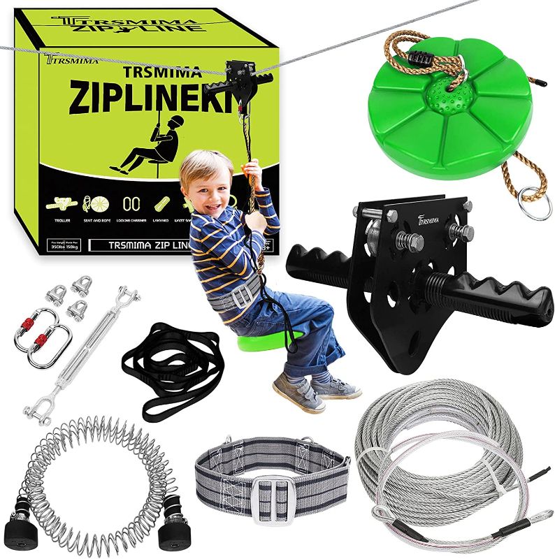 Photo 1 of 98 Feet Zip Line Kit for Kids and Adult Up to 330 lb with Zipline Spring Brake and Safety Harness, Zip line Trolley with Handle and Thickened Seat,for Backyard Playground Entertainment
