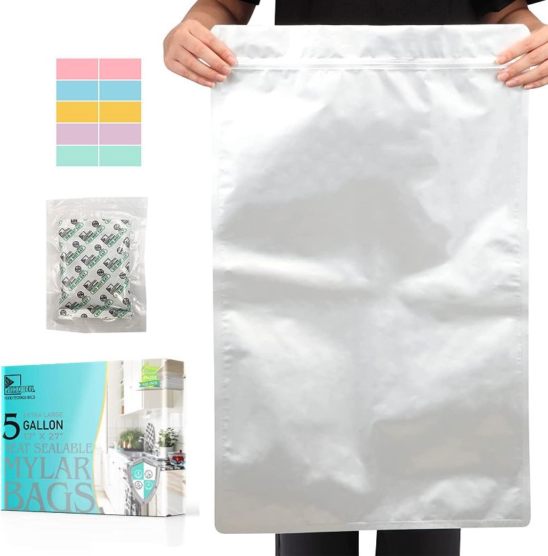 Photo 1 of 5 Gallon Mylar Bags with 2500CC Oxygen Absorbers and Labels, Zipper Resealable Pouches Heat Sealable Bags for Long Term Food Storage (20 pcs)
