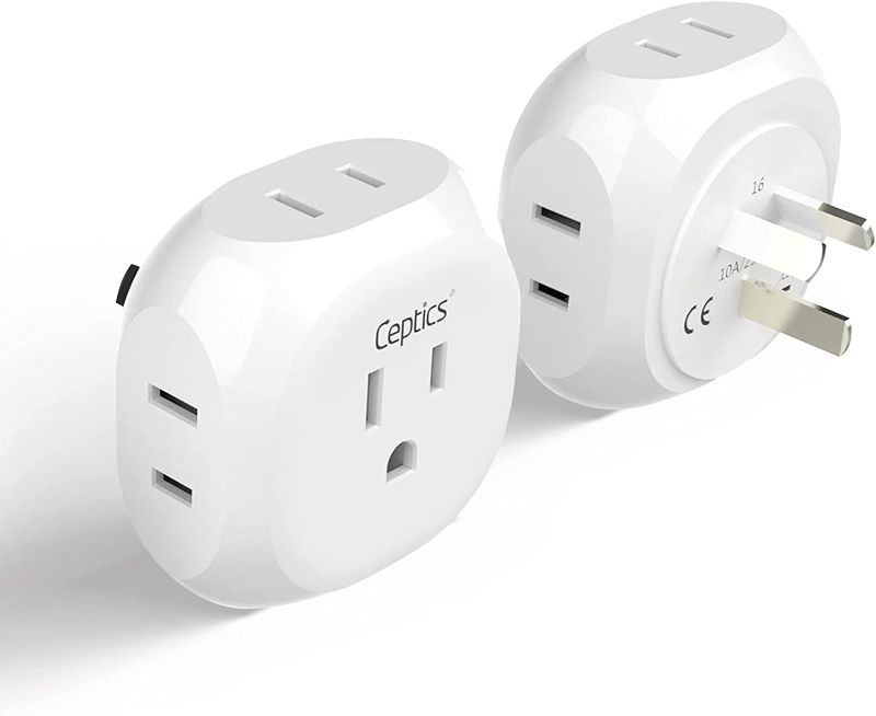 Photo 1 of Ceptics Australia, New Zealand, China Travel Plug Adapter - 4 Input - Ultra Compact - Light Weight - USA to Any Type I Countries Such as New Zealand and More - 2 Pack (PT-16), White
