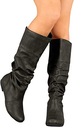 Photo 1 of Syktkmx Womens Slouchy Flat Knee High Boots Wide Calf Pull On Fall Winter Motorcycle Boots
