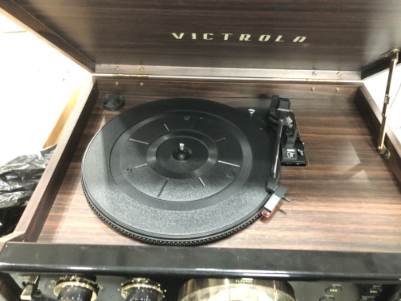 Photo 3 of Victrola Empire Mid-Century 6-in-1 Turntable with 3 Speed Record Player, Bluetooth Connectivity, Radio, Cassette and CD Player (Espresso) Espresso Record Player