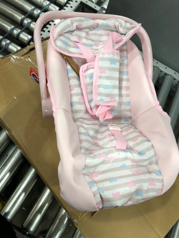 Photo 2 of Adora Baby Doll Car Seat - Pink Car Seat Carrier, Fits Dolls Up to 20 inches, Stripe Hearts Design, Multicolor Classic Pastel Pink and Blue