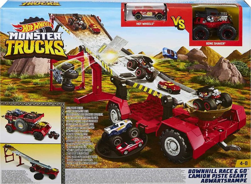 Photo 1 of ??Hot Wheels Monster Trucks, Transporter and Racetrack, Includes 1:64 Scale Bone Shaker Monster Truck and 1:64 Die-Cast Toy Car???
