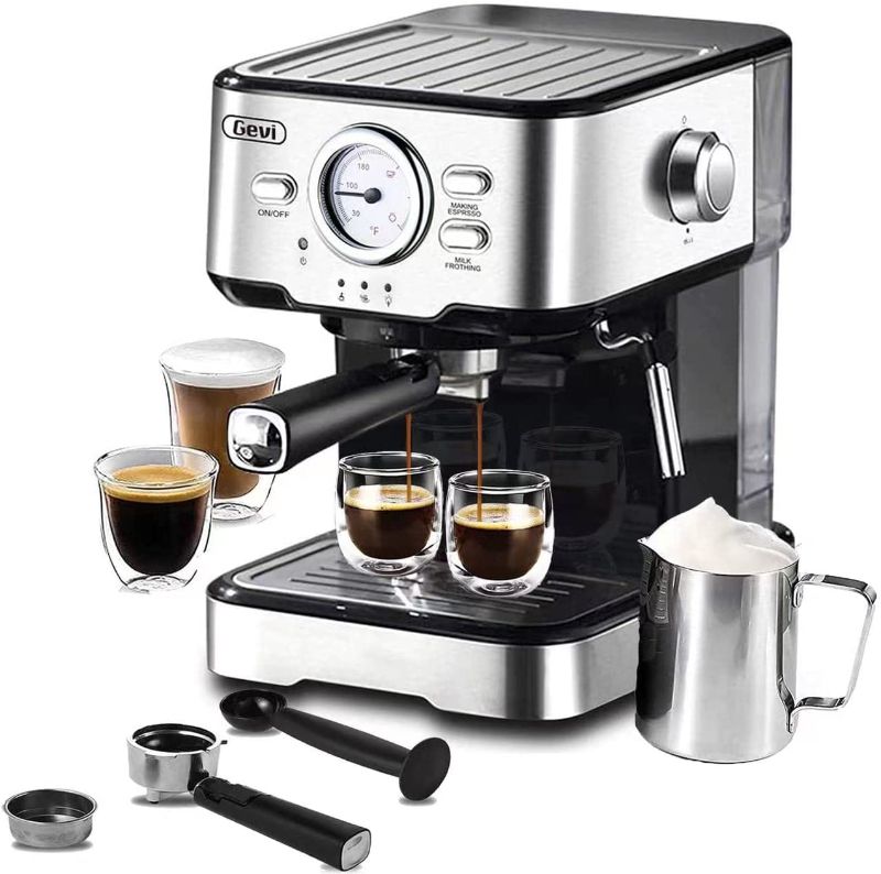 Photo 1 of ***TESTED**POWERED ON**Gevi Espresso Machine with steamer 15 Bar Pump Pressure, Cappuccino Coffee Maker with Milk Foaming Steam Wand for Latte, Mocha, Cappuccino, 1.5L Water Tank, 1100W, Black1
