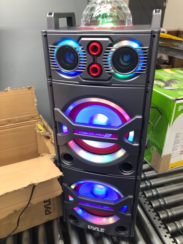Photo 1 of Pyle Portable Bluetooth PA Speaker System - 2000W Active powered Outdoor Bluetooth Speaker Portable PA System w/ Microphone In, Party Lights, USB SD Card Reader, AUX/RCA/FM Radio, Wheels - PSUFM1043BT