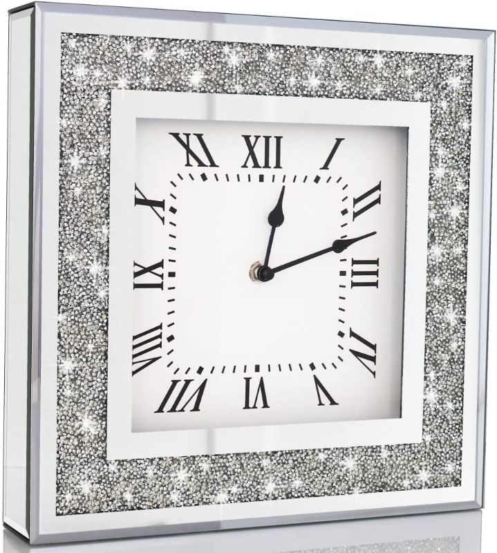 Photo 1 of Crystal Crush Diamond Mirrored Square Wall Clock with Sparkle Twinkle Bling Diamond Decor for Wall Decoration, 12x12inch Decorative Silver Mirror Quartz...
