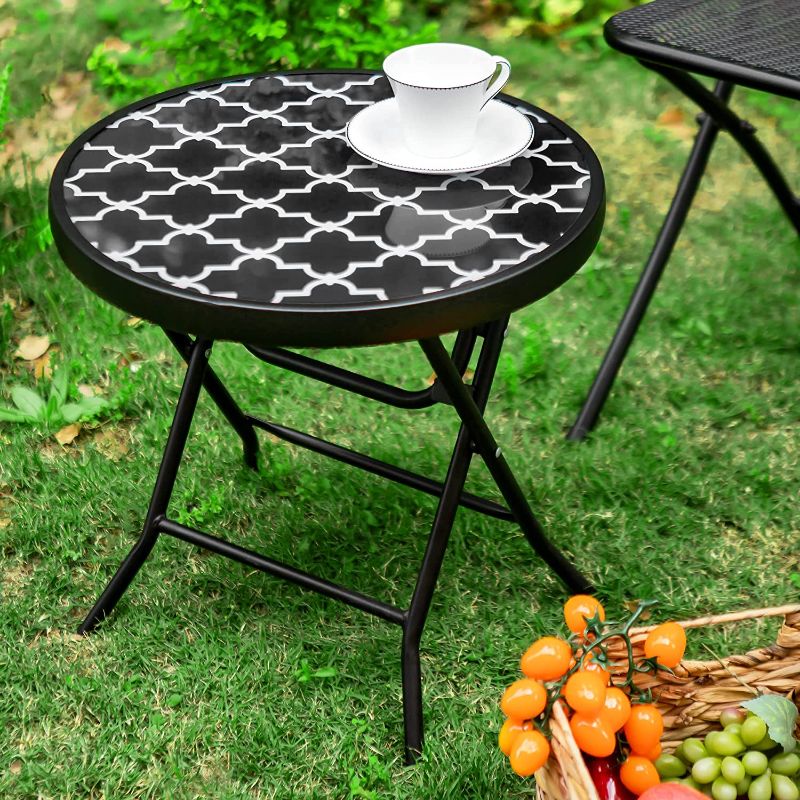 Photo 1 of Captiva Designs Outdoor Side Tables-Foldable Patio Side Table with Tempered Glass Table Top and High-Strength Thickened Iron Pipe Bracket for Living Room,Sofa,Bedroom and Garden,1 Pack,Black and White

