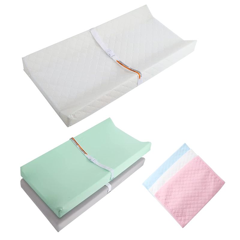 Photo 1 of COCOFELICE Baby Large Diaper Changing Pad Table Station Topper Mattress for Dresser Portable Foam Contoured Mat Waterproof Washable Sheets 2 Pack Cotton Pad Cover 3 Pieces Waterproof Liner