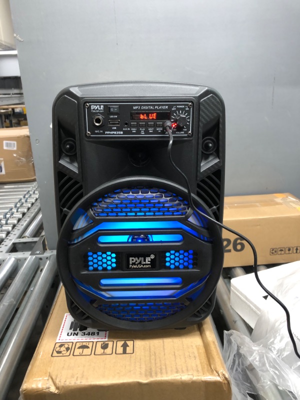 Photo 3 of Portable Bluetooth PA Speaker System - 300W Rechargeable Outdoor Bluetooth Speaker Portable PA System w/ 8” Subwoofer 1” Tweeter, Microphone In, Party Lights, MP3/USB, Radio, Remote - Pyle PPHP835B