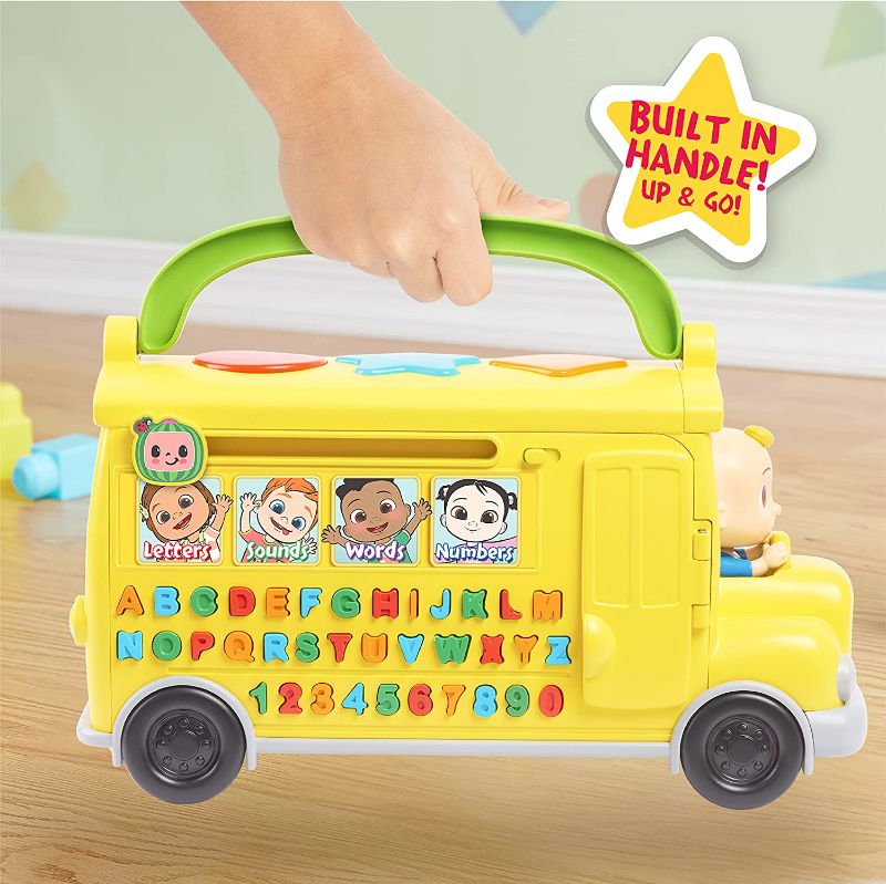 Photo 1 of **damage under bus see photo**
CoComelon Musical Learning Bus, Number and Letter Recognition, Phonetics, Yellow School Bus Toy Plays ABCs and Wheels on the Bus, by Just Play
