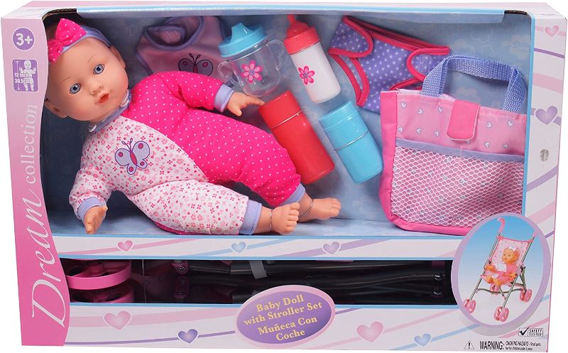 Photo 1 of Gi-Go: 14" Baby Doll with Stroller Set, Accessories Include, Bib, Diaper, Sippy Cup, Bottle, Carry Case and More, Realistic Facial Features, For Ages 3 and up
