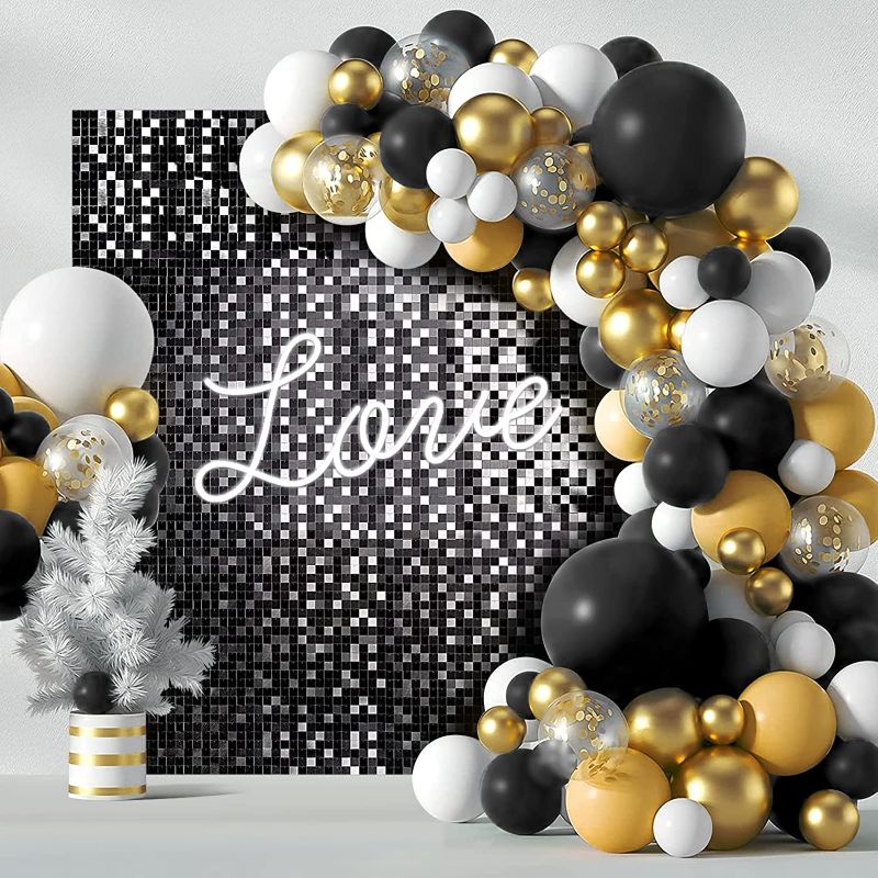 Photo 1 of Sequin Shimmer Wall Backdrop 12 Panels Black Square Sequin Backdrops for Birthday Party Wedding & Engagement Anniversary Event Home Decorations
