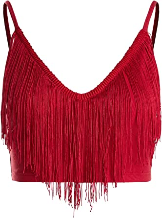 Photo 1 of Verdusa Women's Fringe Trim V Neck Sleeveless Ribbed Crop Cami Top
