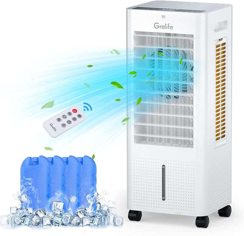 Photo 1 of Grelife Evaporative Air Cooler, Portable Cooling Fan with 75° Oscillating, Humidifying, 1.58Gal Water Tank, 4 Ice Packs, Remote Control, 3 Speeds, 12H Timer, Personal Swamp Cooler for Room Home Office
