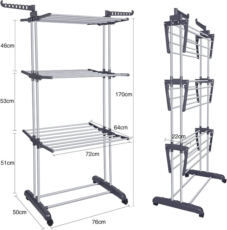 Photo 1 of Bigzzia Clothes Drying Rack Folding Clothes Rail 3 Tier Clothes Horses Rack Stainless Steel Laundry Garment Dryer Stand with Two Side Wings Grey