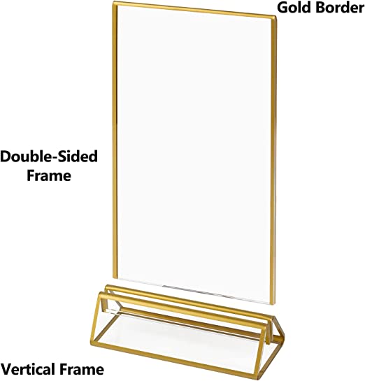 Photo 1 of Acrylic Sign Holders Gold Border - 4 Pack, 4x6 Gold Clear Picture Frames Vertical Stand, Double Sided Menu Holder Display for Wedding Table Number, Restaurant Recipe, Photo