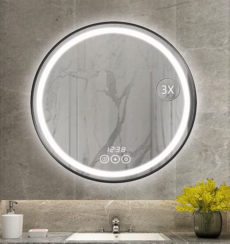 Photo 1 of 24 Inch Round Bathroom Mirror with Lights for Wall Circle Back-lit Mirror Dimmable Led Lighted Wall-Mounted Vanity Mirror Smart Anti-Fog Makeup Mirror (24" x 24", Black)
