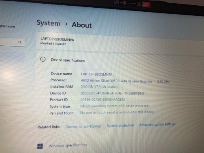 Photo 3 of Lenovo IdeaPad 1 15.6" HD Laptop, AMD Athlon Silver 3050U, 4GB RAM, 128GB eMMC, Windows 11 Home, Cloud Grey
