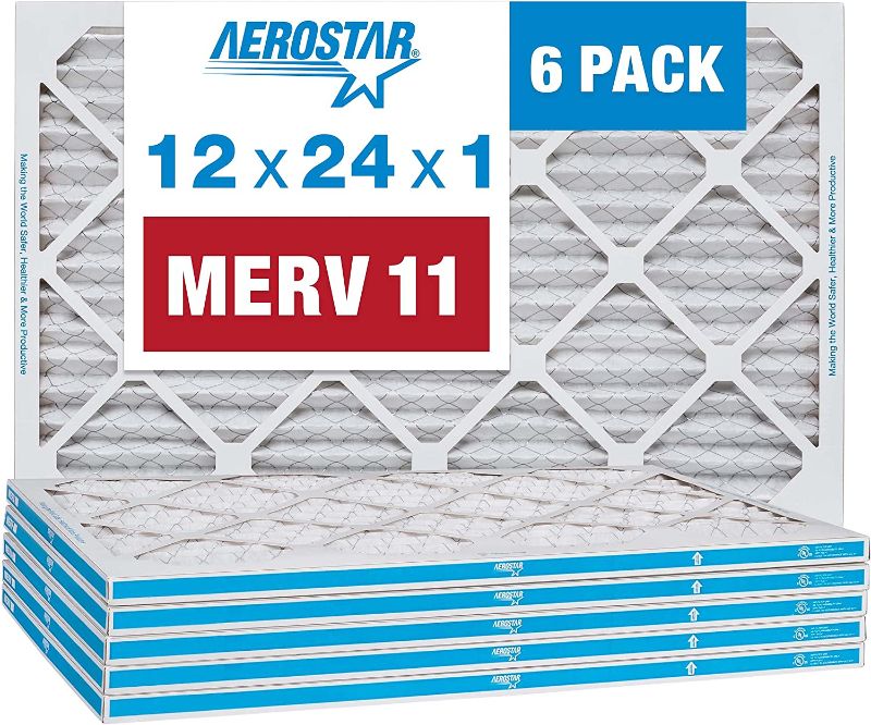 Photo 1 of Aerostar 12x24x1 MERV 11 Pleated Air Filter, AC Furnace Air Filter, 6 Pack (Actual Size: 11 3/4" x 23 3/4" x 3/4")
