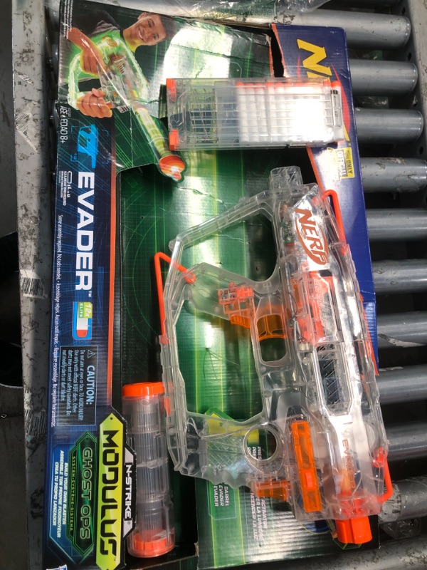 Photo 2 of **MISSING PARTS* NON FUNCTIONAL* Nerf Modulus Ghost Ops Evader Motorized Blaster -- Light-Up See-Through Blaster and Barrel Extension, Includes 12 Official Nerf Elite Darts (Amazon Exclusive) Frustration-Free Packaging