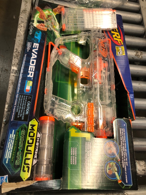 Photo 3 of **MISSING PARTS* NON FUNCTIONAL* Nerf Modulus Ghost Ops Evader Motorized Blaster -- Light-Up See-Through Blaster and Barrel Extension, Includes 12 Official Nerf Elite Darts (Amazon Exclusive) Frustration-Free Packaging
