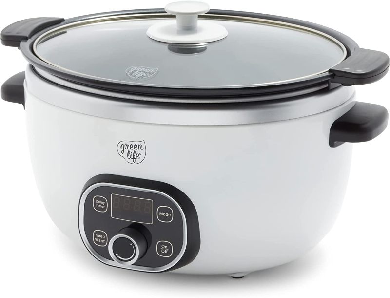 Photo 1 of **MINOR DAMAGE** GreenLife Cook Duo Healthy Ceramic Nonstick 6QT Slow Cooker, PFAS-Free, Digital Timer, Dishwasher Safe Parts, White
