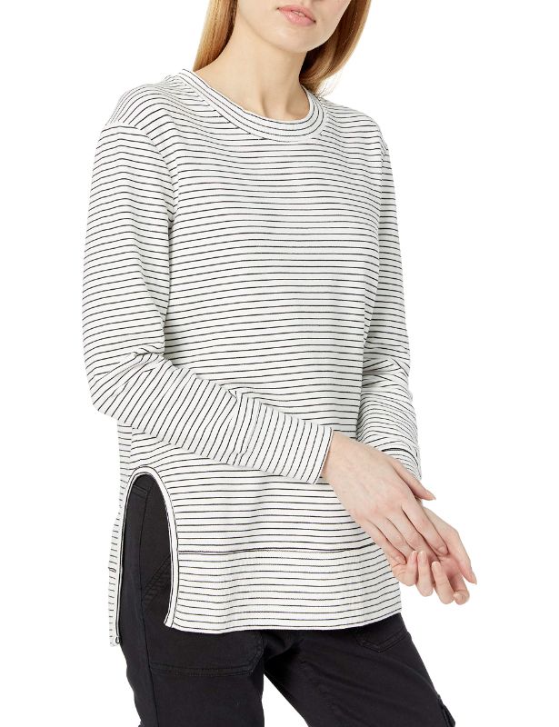 Photo 1 of DAILY RITUAL WOMEN'S LONG-SLEEVE CREWNECK SWEATSHIRT WITH SIDE CUTOUTS SMALL WHITE/BLACK, STRIPE SIZE SMALL