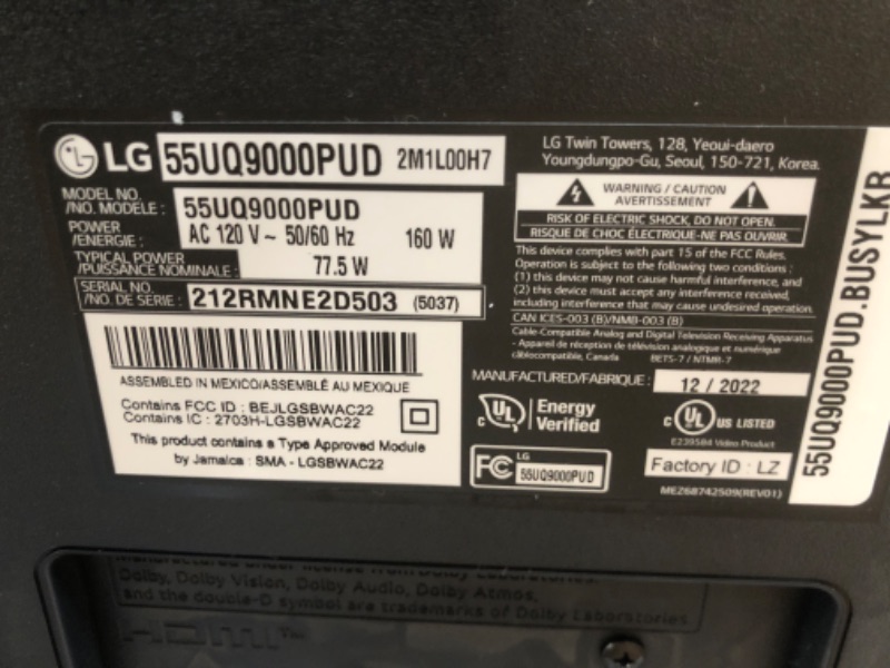 Photo 3 of **MISSING REMOTE ** LG 55-inch Class UQ9000 Series 4K Smart TV with Alexa Built-in 55UQ9000PUD S75Q 3.1.2ch Sound bar w/Dolby Atmos DTS:X, Hi-Res Audio, Meridian, HDMI eARC, 4K Pass Thru w/Dolby Vision 55 inch TV + S75Q