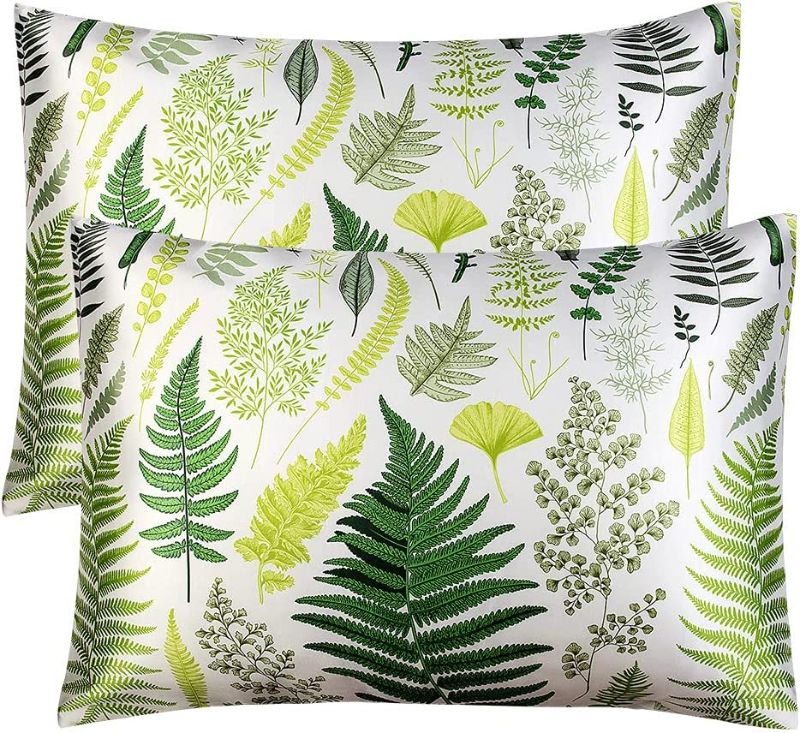 Photo 1 of BEDELITE Satin Silk Pillowcase for Hair and Skin, Super Soft Queen Pillowcases Set of 2 Pack, Digital Printing Cooling Pillow Case Covers with Envelope Closure(Fern, 20x30 Inches)