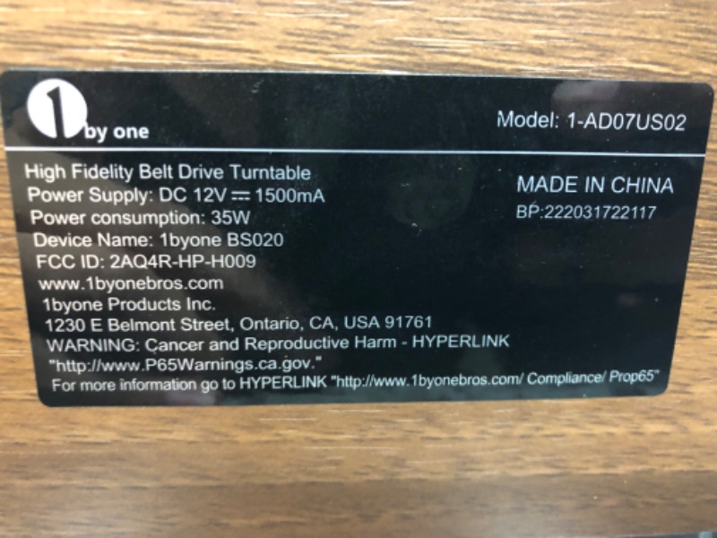 Photo 4 of 1 by ONE High Fidelity Belt Drive Turntable with Built-in Speakers, Vinyl Record Player with Magnetic Cartridge, Bluetooth Playback and Aux-in Functionality, Auto Off