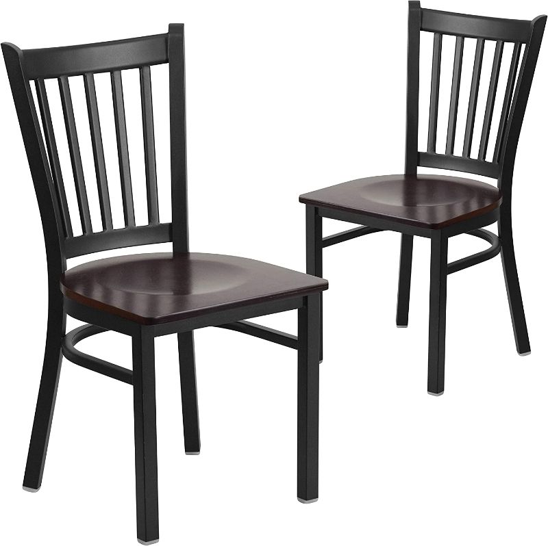 Photo 1 of  Black Vertical Back Metal Restaurant Chair - Walnut Wood Seat