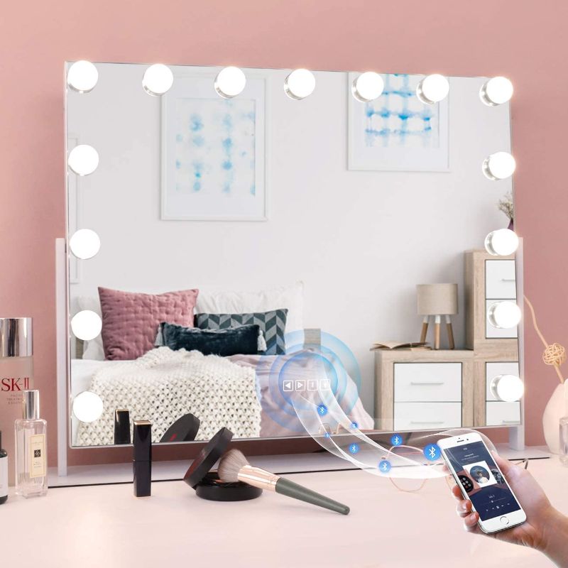 Photo 1 of  Vanity Mirror with Lights and Bluetooth, 360 Degree Rotating Hollywood Lighted Makeup Mirror with 15 Dimmable LED Bulbs for Dressing Room and Bedroom (White)