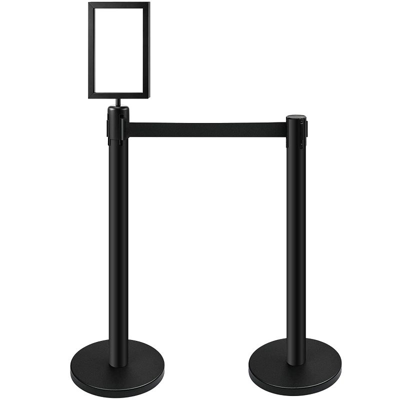 Photo 1 of  Post Barriers 2 Set Line Dividers 35.4 in Heavy Duty Crowd Control Stanchion with 6.6 ft Retractable Belts and Stanchion Sign Holder Frame for Crowd Control Barriers, Black