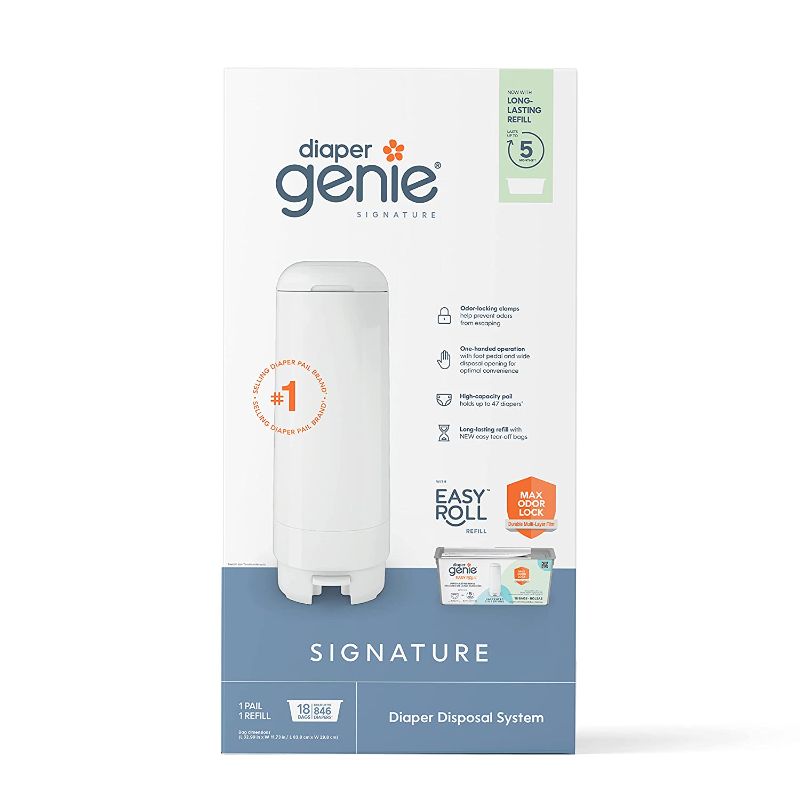 Photo 1 of Diaper Genie Signature Pail Includes 1 Easy Roll Refill with 18 Bags | Holds Up to 846 Newborn-Sized Diapers Per Refill
