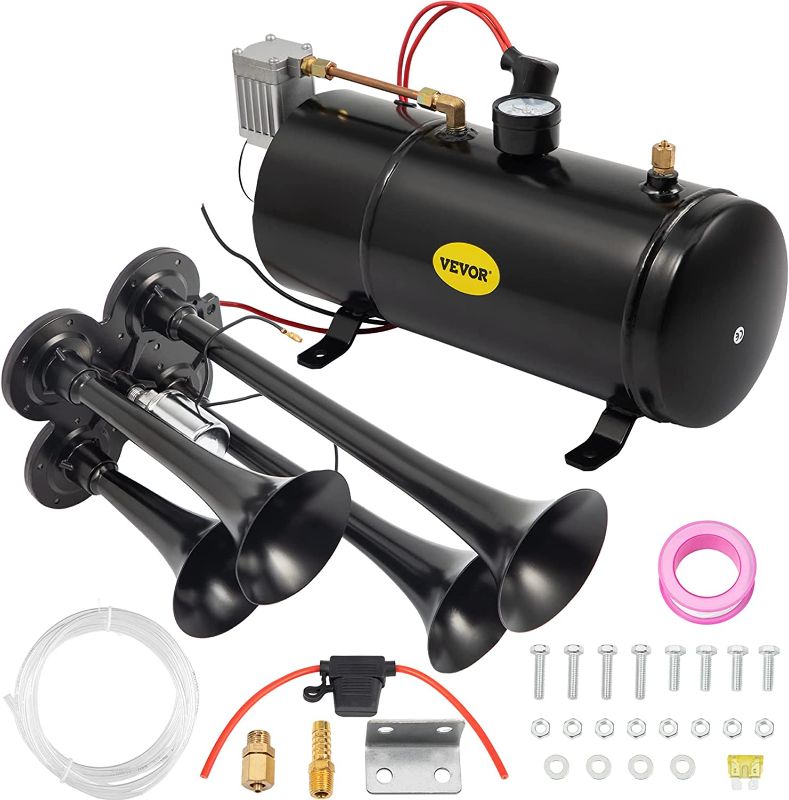 Photo 1 of (PARTS ONLY)VEVOR 150DB Train Horns kit 4 Trumpet Super Loud with 120 PSI 12V Air Compressor Air Horn Compressor Tank For Any Vehicle Trucks Car Jeep Or SUV (Black)
